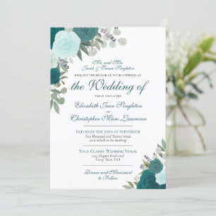 Elegant Teal Aqua Watercolor Ro Formal Bröllop Inbjudningar