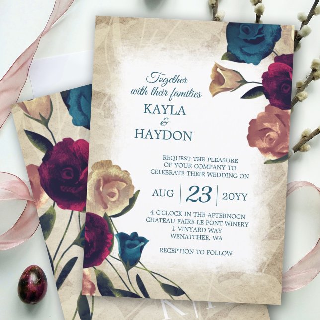 Elegant Teal, Beige Burgundy Bukett med rosor Bröl Inbjudningar (burgundy, red, teal green beige botanical rose garden wedding invitations, summer roses wedding)