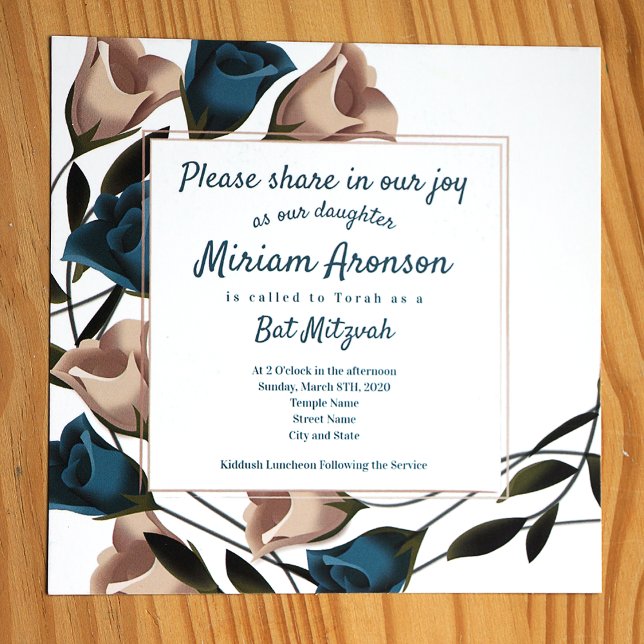 Elegant Teal Beige Ro Bat mitzvah inbjudan (Teal and beige roses botanical bat mitzvah invitation)