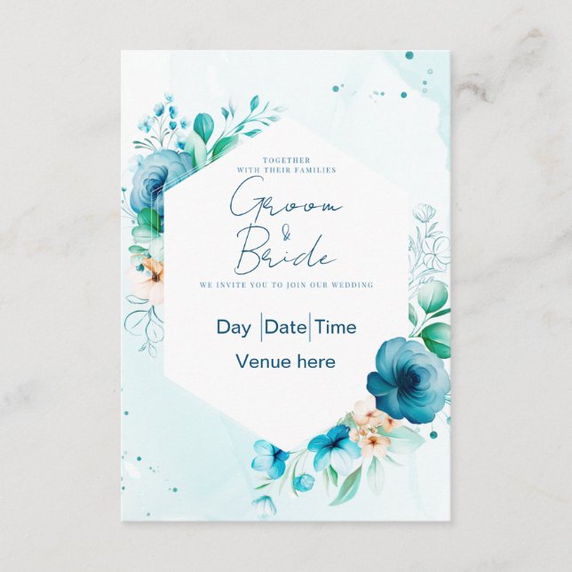 Elegant Teal & Blå Blommig Bröllopsinbjudan Inbjudningar (Framsida)