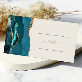 Elegant teal blå guld agat elfenbensvit bröllopsda placeringskort