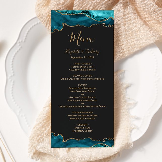 Elegant Teal Blå Guld Agat Mörk Bröllop Meny (Skapare uppladdad)