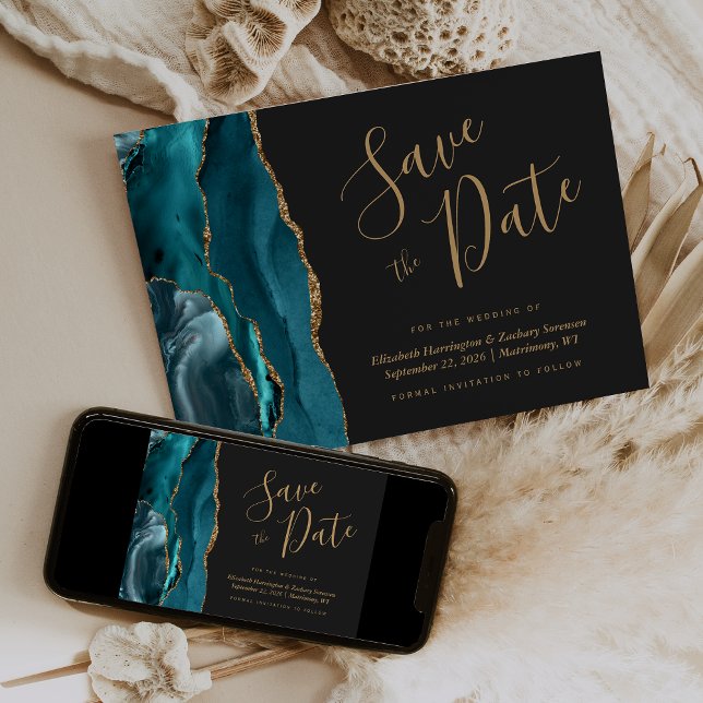 Elegant Teal Blå Guld Agat Mörk Save the Date-kort Inbjudningar (Skapare uppladdad)