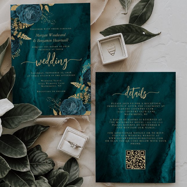 Elegant Teal Blå Guld Blommig QR-kod Bröllop Inbjudningar (Skapare uppladdad)