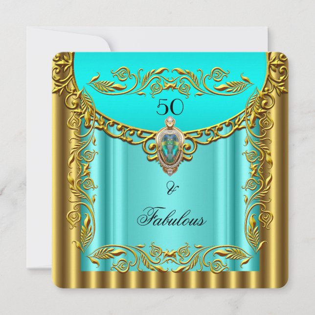 Elegant Teal Blå Guld Fantastisk 50-årsdag 3 Inbjudningar (Framsida)