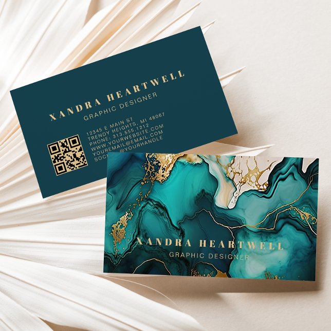 Elegant Teal Blå Guld Glitter Bläck Abstrakt QR-ko Visitkort (Skapare uppladdad)