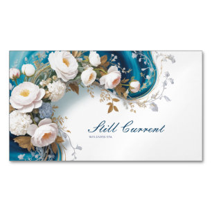 Elegant Teal Blå Guld Silver Blommig Peony Magnetiska Visitkort