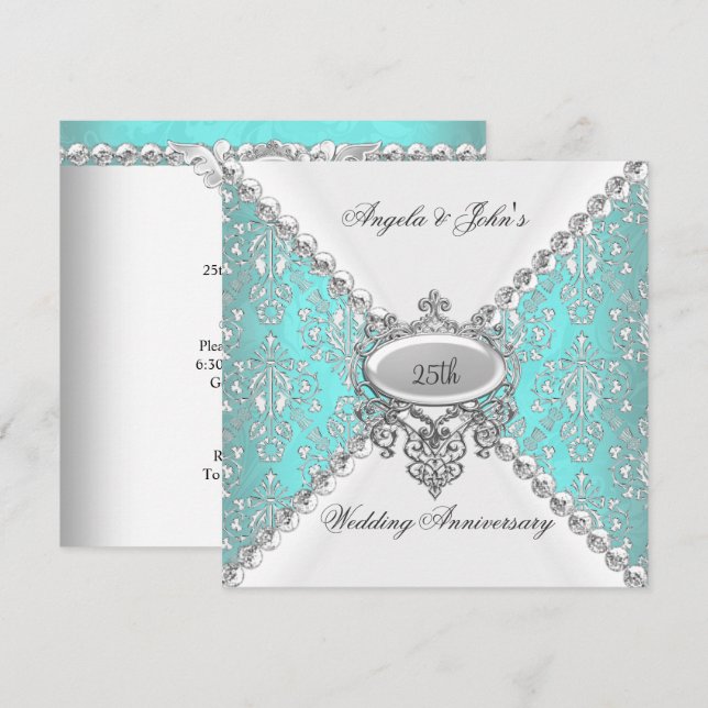 Elegant Teal Blå Vit 25-års Bröllopsdag Inbjudningar (Fram/baksida)