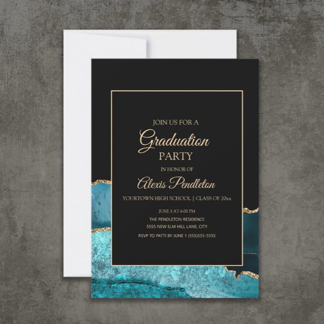 Elegant Teal Black Guld Marble Agate Studenten Inbjudningar (Teal and black marble/agate graduation party invitation)