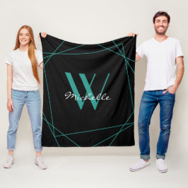 Elegant Teal Black Monogram Geometric Namn  Fleecefilt