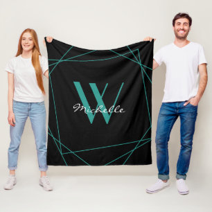 Elegant Teal Black Monogram Geometric Namn Fleecefilt
