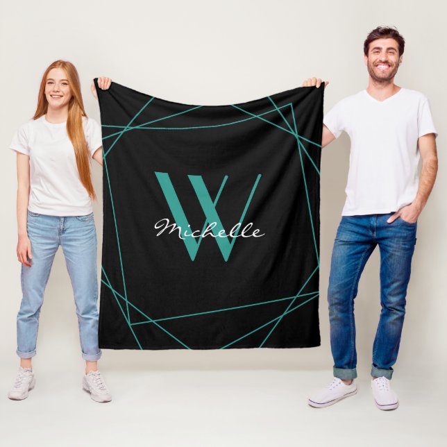 Elegant Teal Black Monogram Geometric Namn  Fleecefilt (På plats)