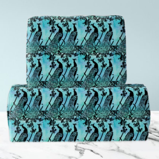 Elegant Teal & Black Peacock Mönster Presentpapper (Skapare uppladdad)