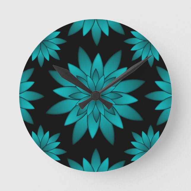 Elegant teal bladblomma på svart bakgrund rund klocka (Framsida)