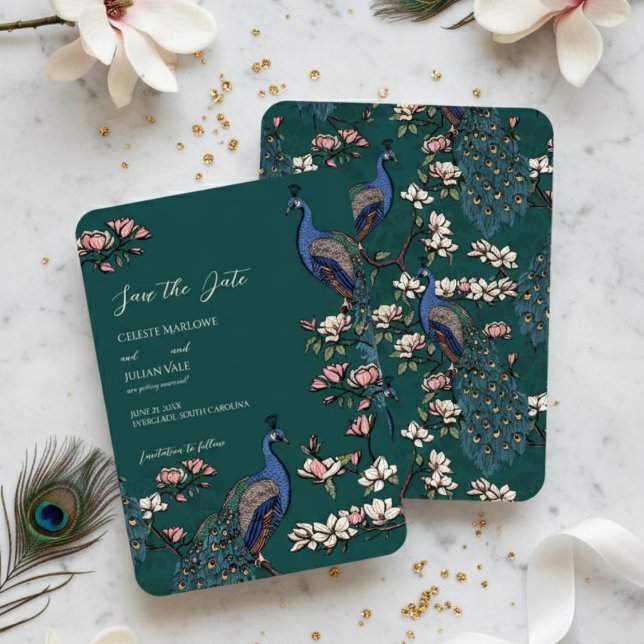 Elegant Teal Blommigt Peacock Bröllop Spara Datumet (Teal Peacock Save the Dates for Modern Bird Wedding. Vintage Floral Peacock Chinoiserie Engagement )