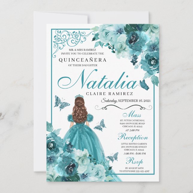 Elegant Teal Blommigt Quinceanera Birthday Bjud Inbjudningar (Framsida)