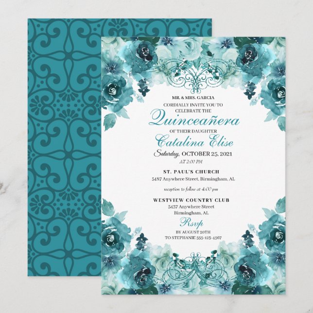 Elegant Teal Blommigt Quinceanera Birthday Inbjudningar (Fram/baksida)