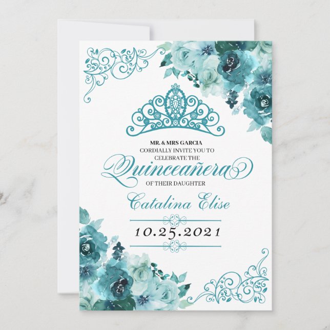 Elegant Teal Blommigt Quinceanera Birthday Inbjudningar (Framsida)