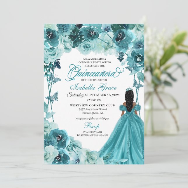 Elegant Teal Blommigt Quinceanera-inbjudan Inbjudningar (Stående Fram)