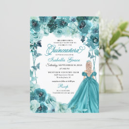 Elegant Teal Blommigt Quinceanera-inbjudan Inbjudningar