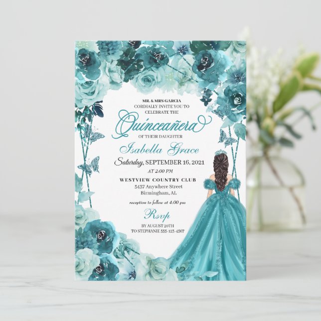 Elegant Teal Blommigt Quinceanera Inbjudningar (Stående Fram)