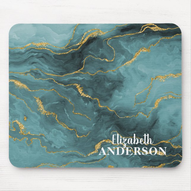 Elegant Teal Blue Agate Geode Marble Monogram Namn Musmatta (Framsidan)