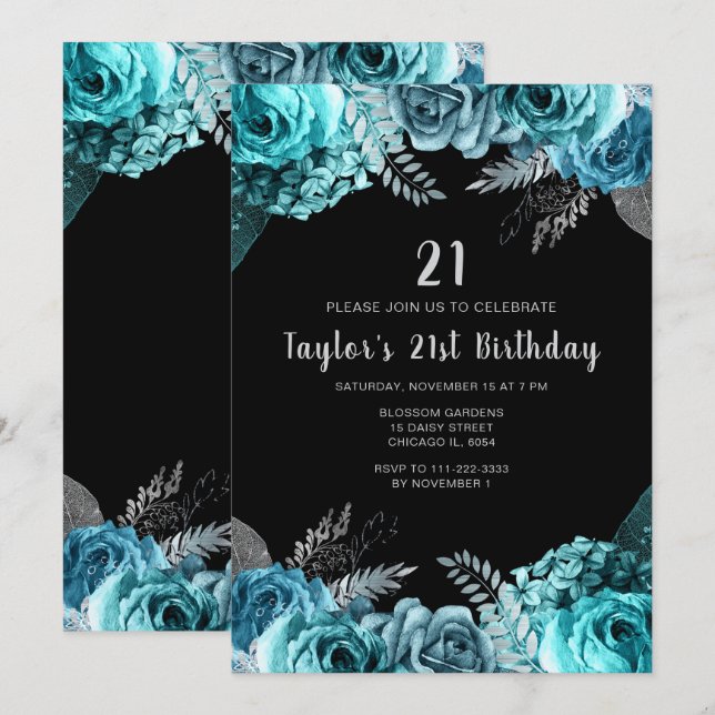 Elegant Teal Blue and Silver Flower Birthday Party Inbjudningar (Fram/baksida)