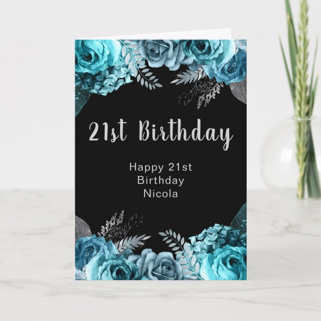 Elegant Teal Blue and Silver Flower Birthday Party Kort (Framsida)