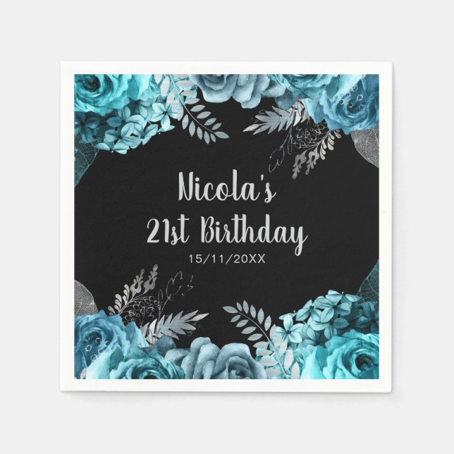 Elegant Teal Blue and Silver Flower Birthday Party Pappersservett (Framsidan)