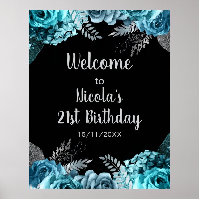 Elegant Teal Blue and Silver Flower Birthday Party Poster (Framsidan)