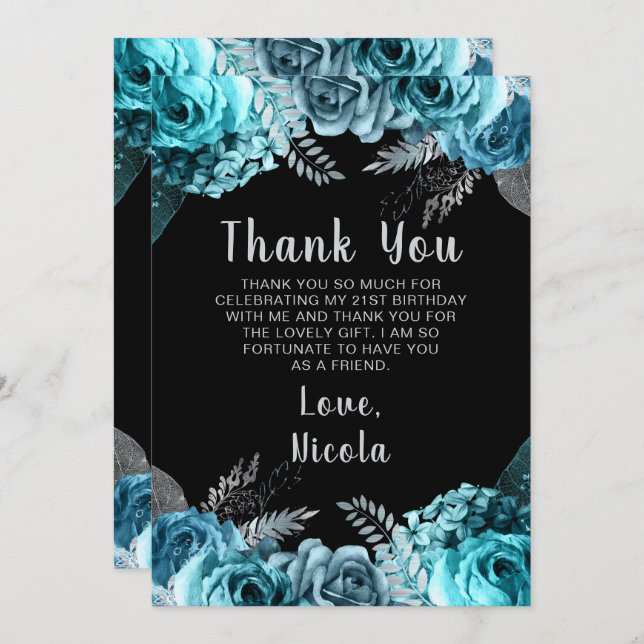 Elegant Teal Blue and Silver Flower Birthday Party Tack Kort (Fram/baksida)