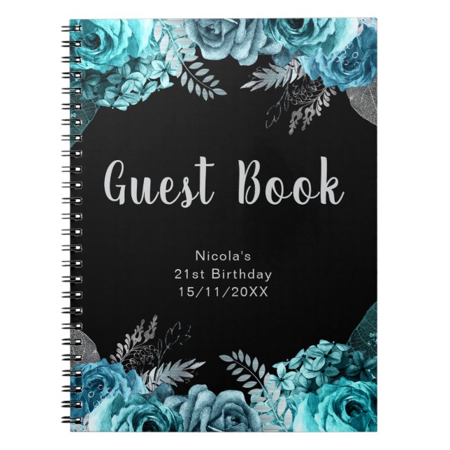 Elegant Teal Blue and Silver Flower Guest Book Anteckningsbok (Framsidan)