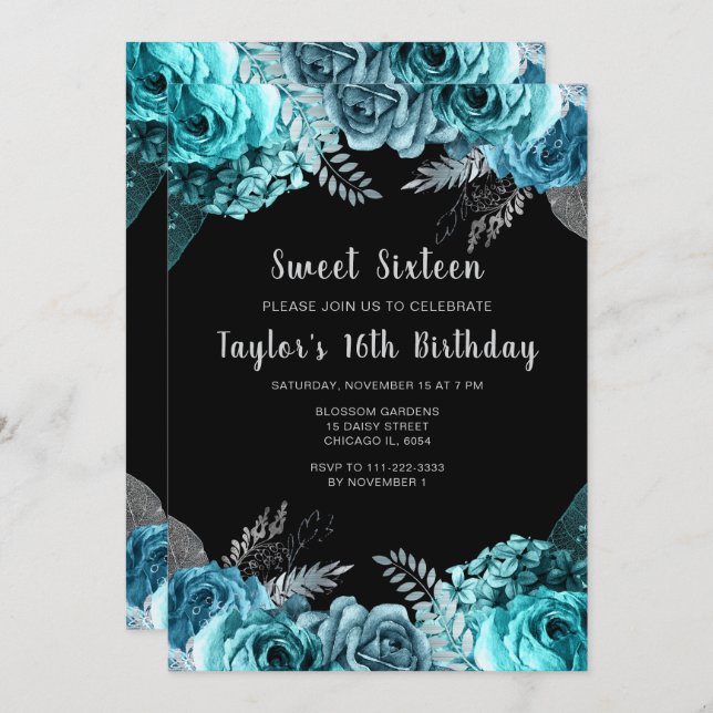 Elegant Teal Blue and Silver Flowers Sweet Sixteen Inbjudningar (Fram/baksida)