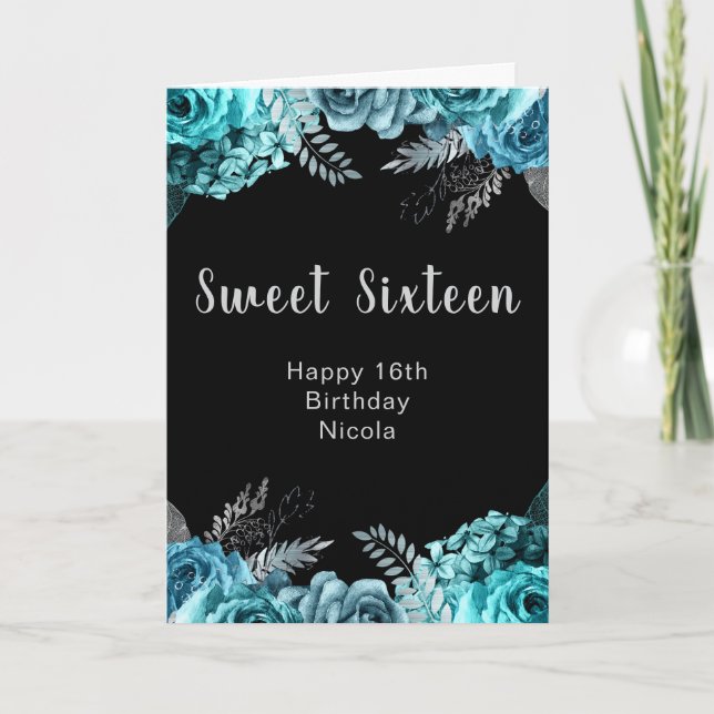 Elegant Teal Blue and Silver Flowers Sweet Sixteen Kort (Framsida)