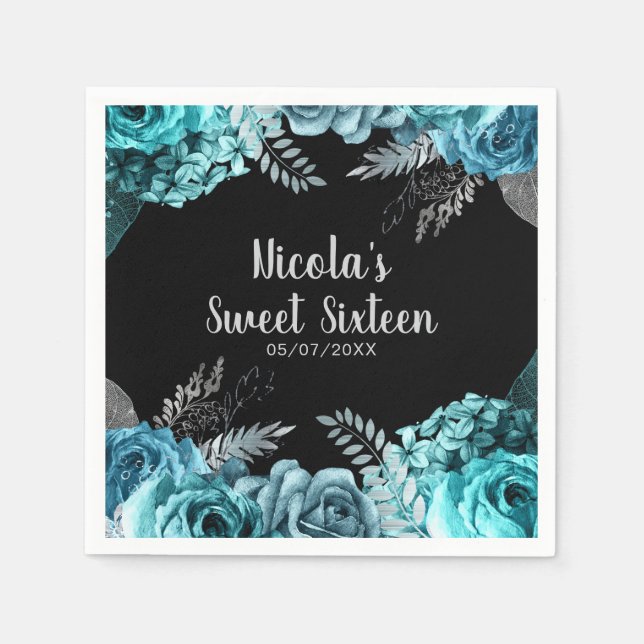 Elegant Teal Blue and Silver Flowers Sweet Sixteen Pappersservett (Framsidan)