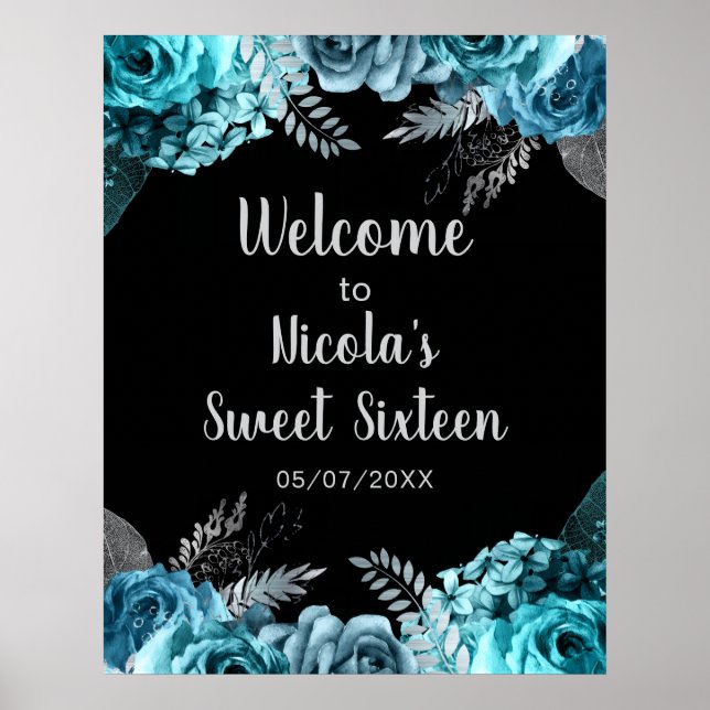 Elegant Teal Blue and Silver Flowers Sweet Sixteen Poster (Framsidan)