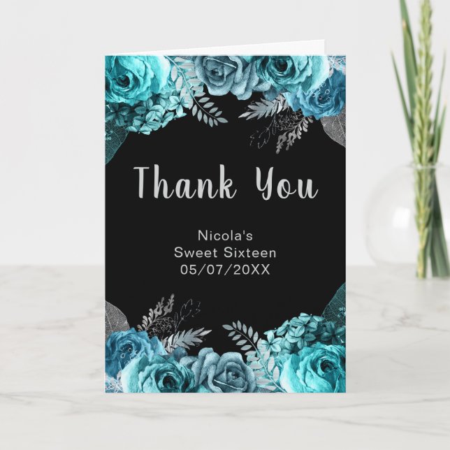 Elegant Teal Blue and Silver Flowers Sweet Sixteen Tack Kort (Framsida)