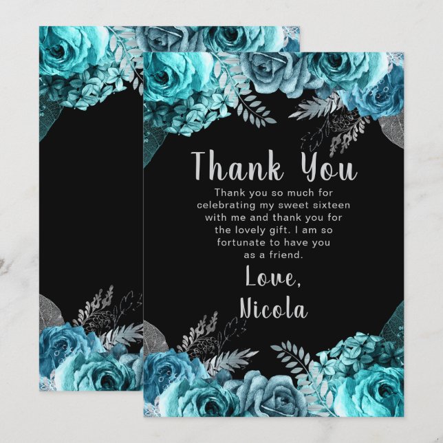 Elegant Teal Blue and Silver Flowers Sweet Sixteen Tack Kort (Fram/baksida)