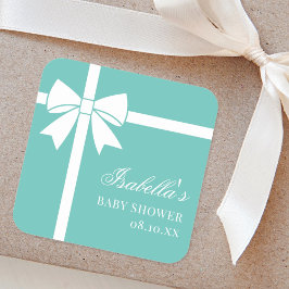 Elegant Teal Blue and White Ribbon Bow Baby Shower Fyrkantigt Klistermärke