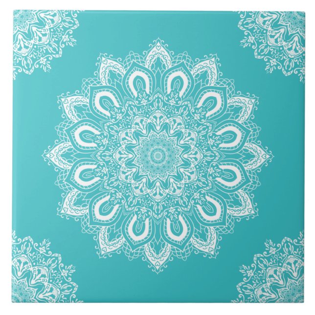 Elegant Teal Blue Aqua Boho Chic Mandala Kakelplatta (Framsidan)