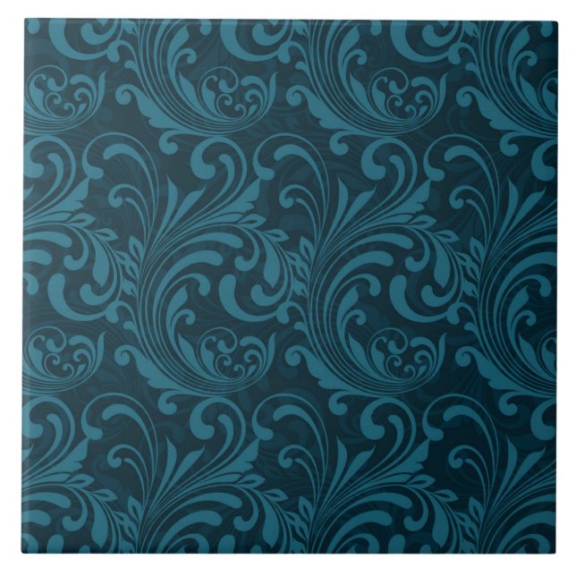 Elegant Teal Blue Baroque Floral Pattern  Kakelplatta (Framsidan)