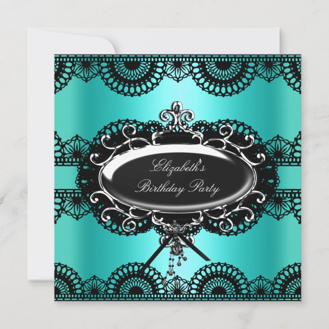 Elegant Teal Blue Black Silver Snöre Birthday Inbjudningar (Framsida)