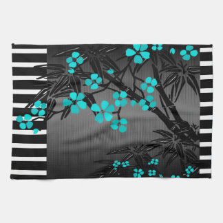Elegant Teal Blue Blommar Black Asian Bamboo Kökshandduk