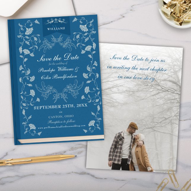 Elegant Teal Blue Bok Cover Bröllop spara datum Inbjudningar (Teal Blue Turquoise Hollywood Regency Era Victorian Floral Library Book Cover Wedding Save the Date)