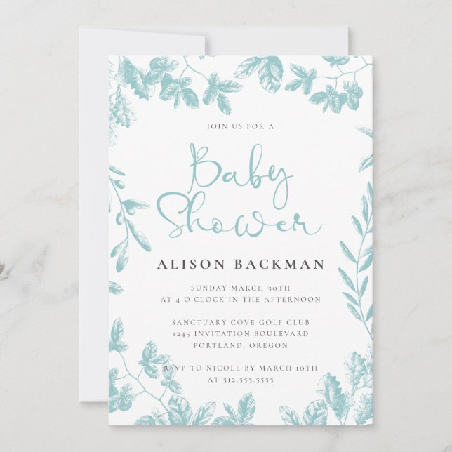Elegant Teal Blue Botanical Blommigt Baby Shower Inbjudningar (Framsida)