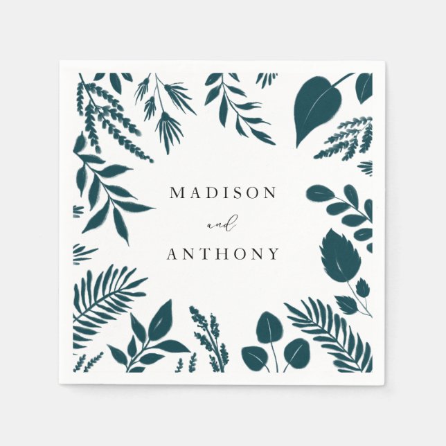 Elegant Teal Blue Botanical Bröllop Pappersservett (Framsidan)