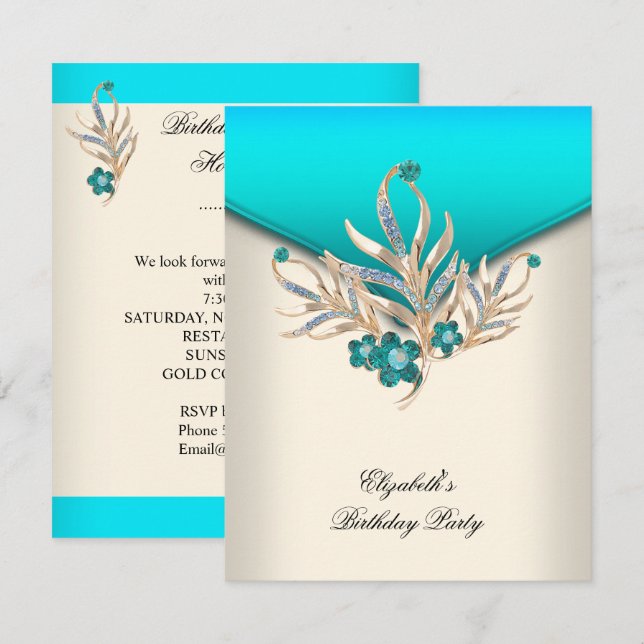 Elegant Teal Blue Cream White Jewel Födelsedagsfes Inbjudningar (Fram/baksida)