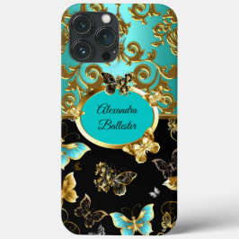Elegant Teal Blue Damask Blommigt Butterfly Guld