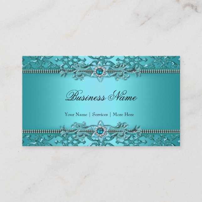 Elegant Teal Blue Damask Embossed See 2 Visitkort (Framsida)