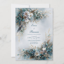 Elegant Teal Blue Floral Gold Feather Wedding Inbjudningar